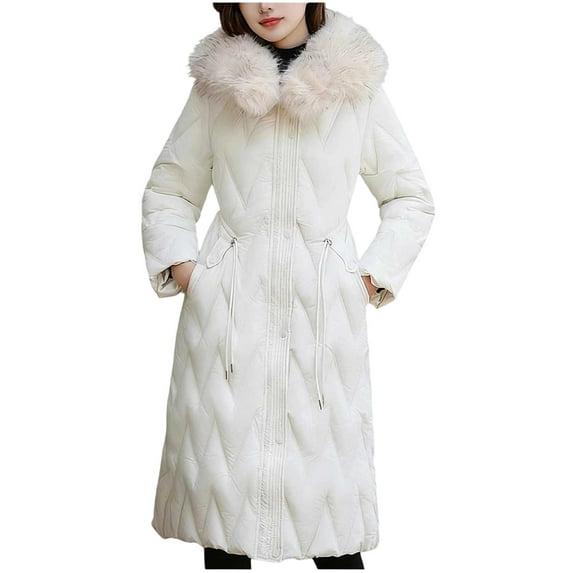 FAWUUDO Women's Long Winter Puffer Coat Waterproof Warm Maxi Down Jacket Faux Fur Removable Hood Parka White