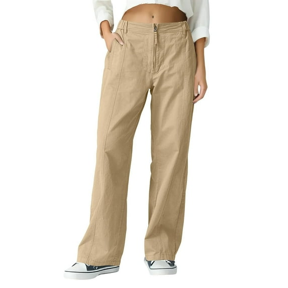 FAWUUDO Women's Loose Mid Rise Pant Casual Fall Straight Leg Elastic Waist Pants with Pockets Brown