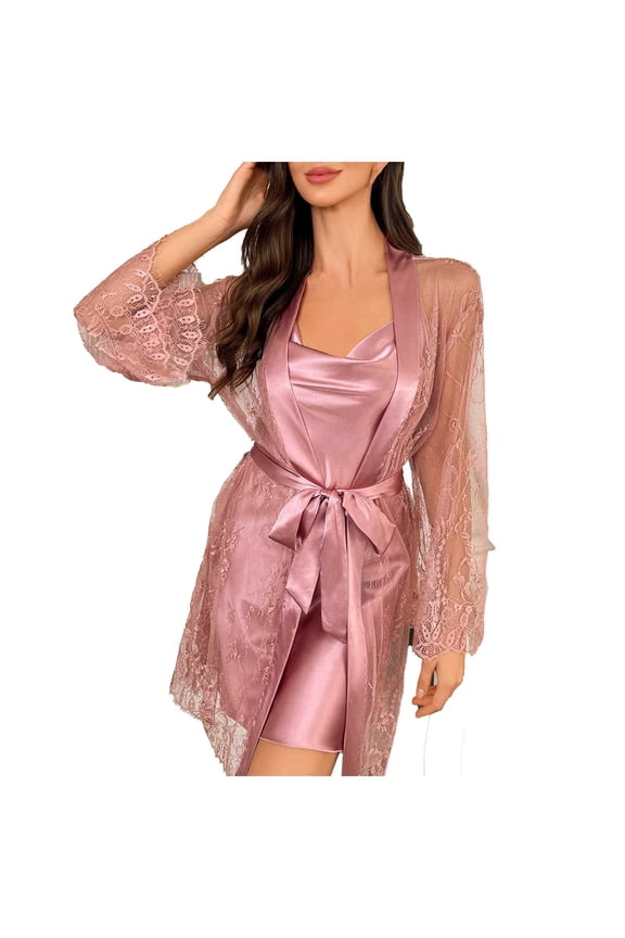 Women's Nightgown Set Lace Sheer Robe and Adjustable Straps Open Back Satin Night Dress