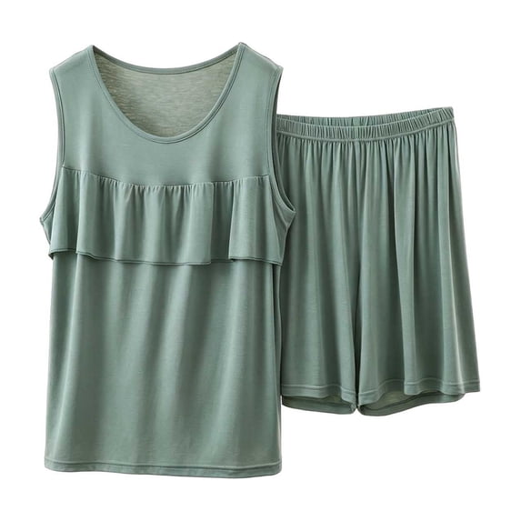 ROHUUQUE Women's Pajama Set Solid Cotton Tank Top & Shorts 2 Piece Sleeveless Loungewear