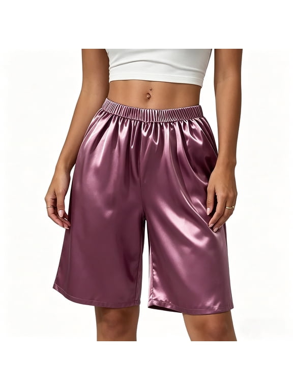Women's Pajama Shorts Ice Silk 5 Inch Inseam Loose Elastic Waist Capri Pants Sleep Bottoms Satin Bermuda Lounge