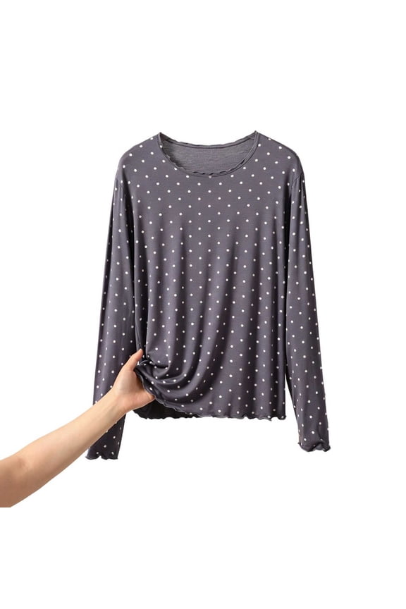 Women's Pajama Tops Long Sleeve Round Neck Polka Dot Print Night T-Shirts Loose Casual Sleep Tops Lounge