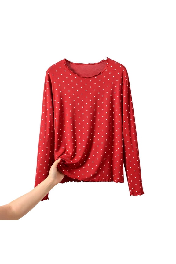 Women's Pajama Tops Long Sleeve Round Neck Polka Dot Print Night T-Shirts Loose Casual Sleep Tops Lounge