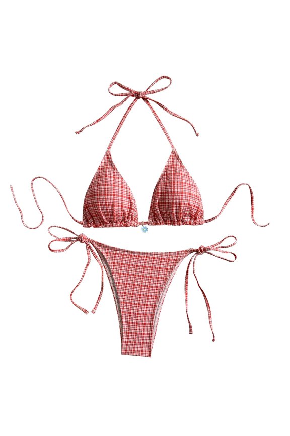 Women's Plaid Halter Triangle Bikini Set with Daisy Decor Tie Side Two Piece Swimsuit Bathing Suits