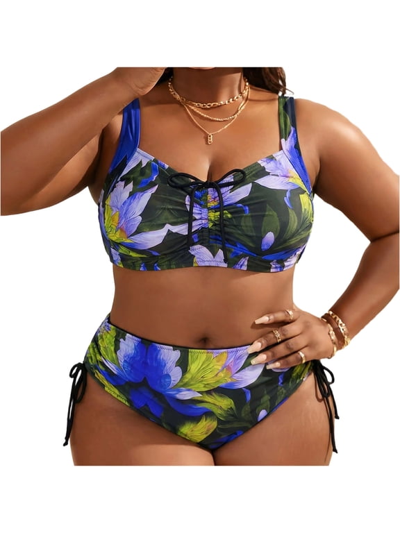 Women's Plus Size 2 Piece Bikini Sets Floral Print Spaghetti Strap Top with Side Tie Bottom Modest Swimwear