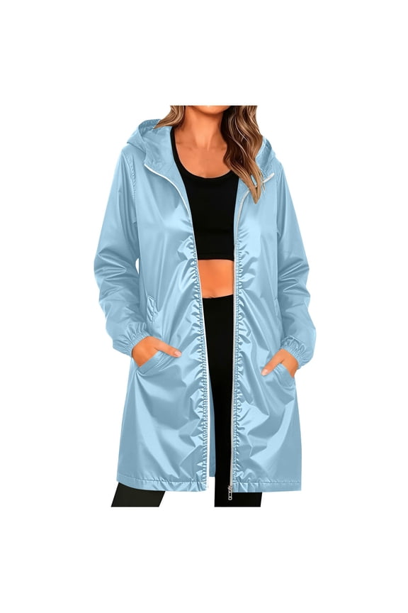 Women's Plus Size Rain Jacket Lightweight Hooded Waterproof Raincoat Mid Calf Length Long Sleeve Lightweight Windbreaker Jacket Convertible Hood Storage Pouch Light Blue