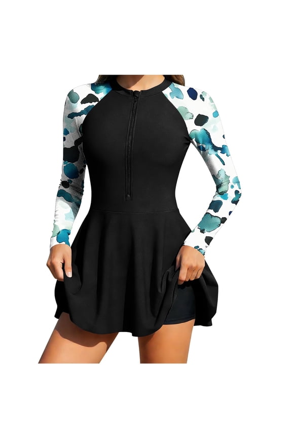Women's Plus Size Surf Suit Printed Two-Piece Stand Collar Half Zipper Long Sleeve One-Piece Swimsuits