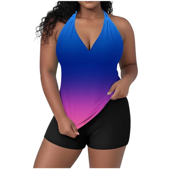 FAWUUDO Women's Plus Size Swimsuit Two Piece Tankini Swim Suits Print Ruched Bathing Suits Tummy Control Swimwear Beach