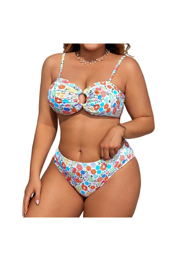 Women's Plus Size Two Piece Bikini Set Floral Print Push Up Top with High Waist Bottom Modest Swimwear