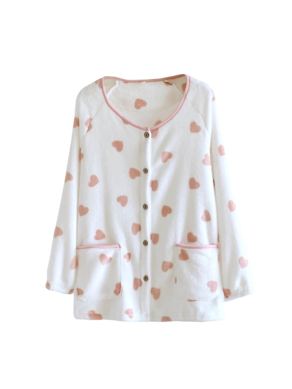Women's Plush Soft Pajama Tops Button Down Sleepwear Fuzzy Fleece Jacket Long Sleeve Warm Winter Coat with Pockets