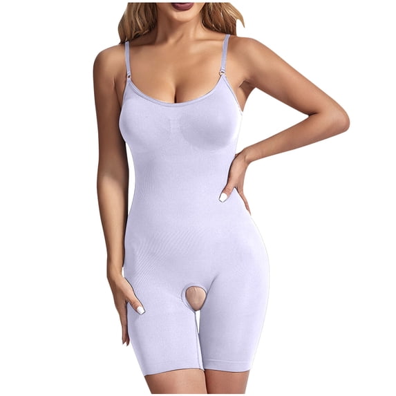 FAWUUDO Women's Postpartum Shapewear Bodysuit Adjustable Strap Snap Crotch Bodycon Shapewear Seamless Mid Thigh Cami Boyshorts Full Body Shaper Purple