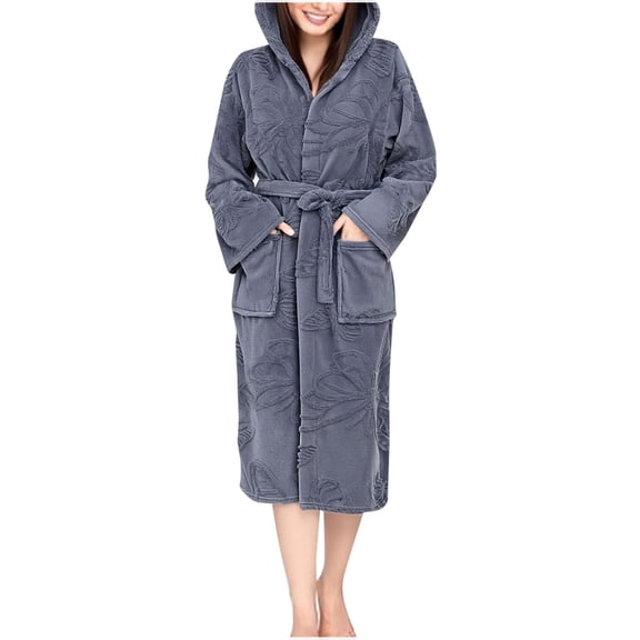 FAWUUDO Women's Robe Long Plush Soft Bathrobe Jacquard Color Block Robes Shawl Collar Sleepwear with Pockets