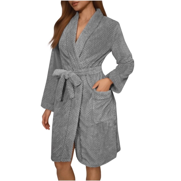 FAWUUDO Women's Robes Short Plush Bathrobe Knee Length Warm Soft Jacquard Robe Winter House Coat with Pockets Gray