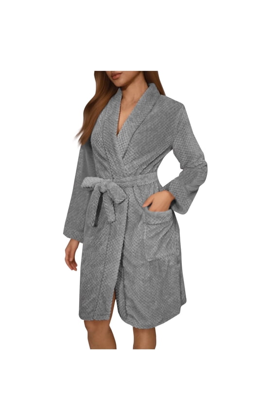 Women's Robes Short Plush Bathrobe Knee Length Warm Soft Jacquard Robe Winter House Coat with Pockets Gray