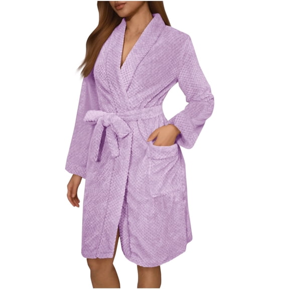FAWUUDO Women's Robes Short Plush Bathrobe Knee Length Warm Soft Jacquard Robe Winter House Coat with Pockets Purple