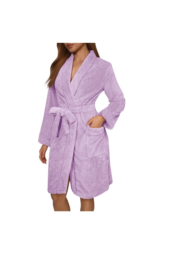 Women's Robes Short Plush Bathrobe Knee Length Warm Soft Jacquard Robe Winter House Coat with Pockets Purple