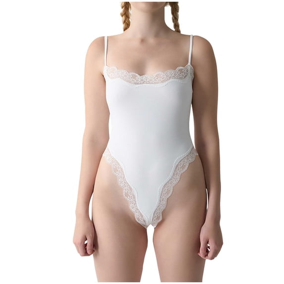 FAWUUDO Women's Sleeveless Camisole Bodysuit Lace Trimmed Spaghetti Strap Tummy Control Shaperwear Backless Cami Thong Body Suit Seamless Thong Shaping Onesie White