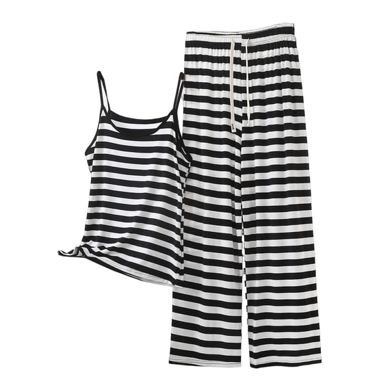 FAWUUDO Women's Striped 2 Piece Cotton Set Sleeveless Cami Tank Top and Long Pants Round Neck Set Elastic Waist Loungewear