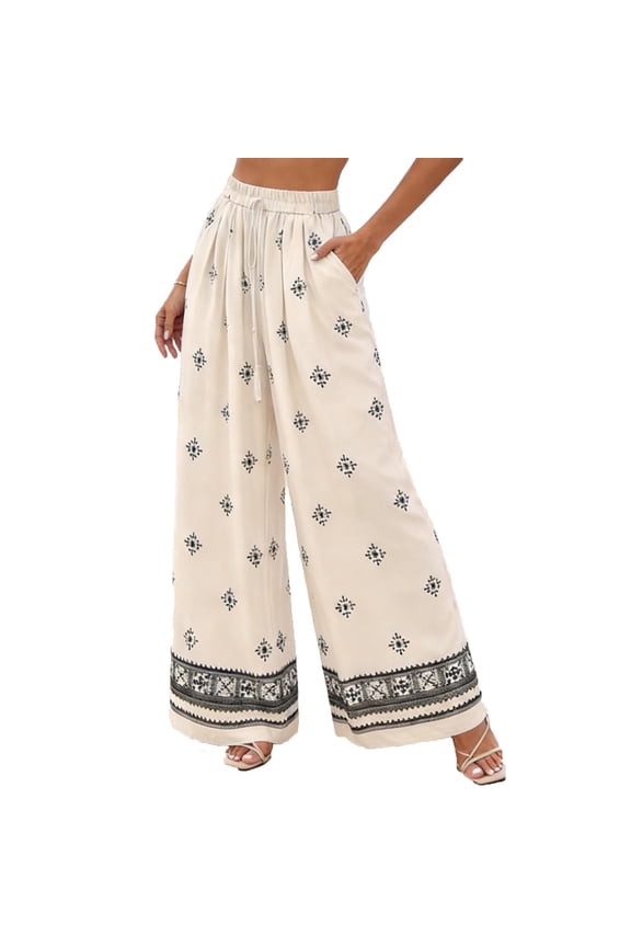 Women's Wide Leg Pants Loose High Waisted Bohemian Print Lace Up Vacation Summer Beach