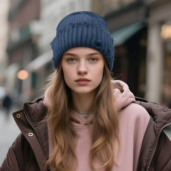 FAWUUDO Women's Winter Beanie Warm Hat with Pom PomThermal Fleece Lined Knit Cap Thick Cable Slouchy Soft for Ski Cold Weather Navy