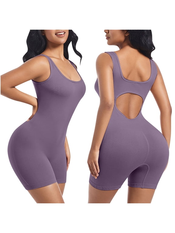Women's Workout Bodysuit High Elastic Tummy Control Butt Lift Yoga Unitard Seamless Racerback Body Suit A-Purple