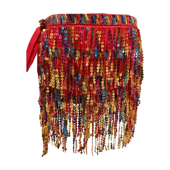 FAWUUDO Womens Belly Dance Hip Scarf with Sparkly Fringe Rave Party Sequin Skirt Costume Festival Tassel Skirt