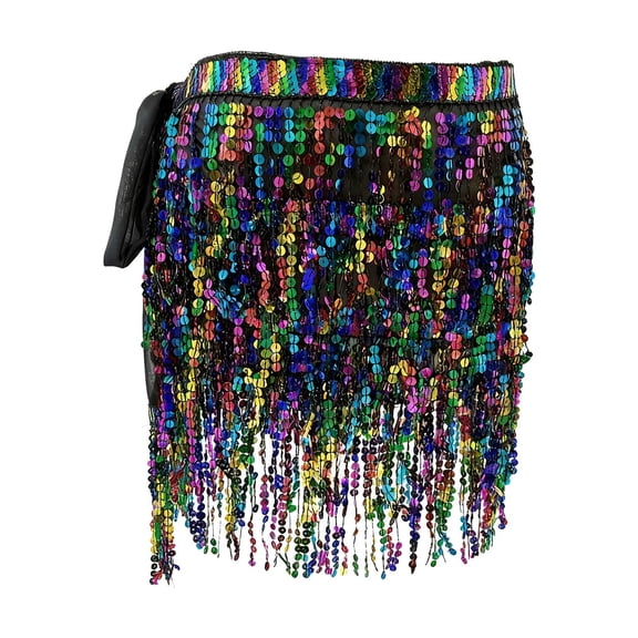 FAWUUDO Womens Belly Dance Hip Scarf with Sparkly Fringe Rave Party Sequin Skirt Costume Festival Tassel Skirt