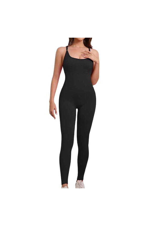 Womens Bodysuits Seamless Yoga Jumpsuit with Built In Bra Crisscross Back High Waisted Full Length Gym Leotard Black