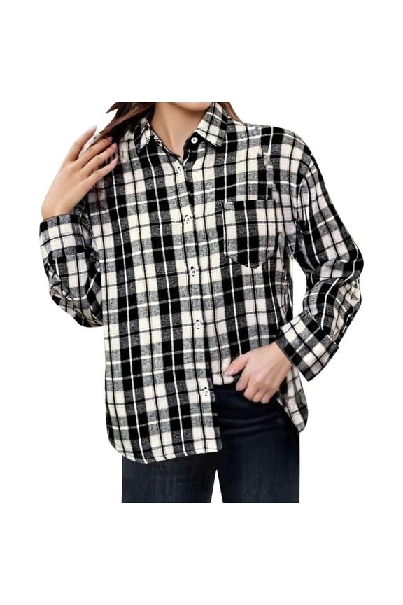 Womens Casual Cuffed Long Sleeve Boyfriend Button Down Plaid Flannel Shirt Tops Black