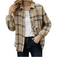 thumbnail image 1 of FAWUUDO Womens Casual Cuffed Long Sleeve Boyfriend Button Down Plaid Flannel Shirt Tops Khaki, 1 of 6