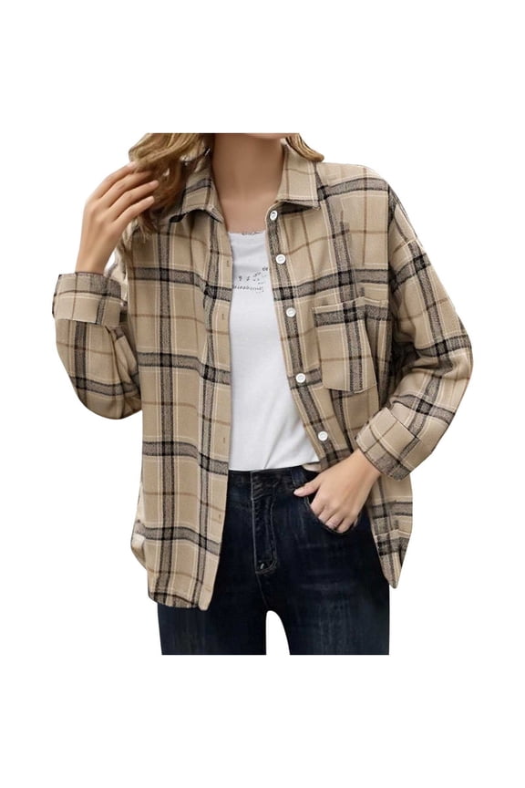Womens Casual Cuffed Long Sleeve Boyfriend Button Down Plaid Flannel Shirt Tops Khaki