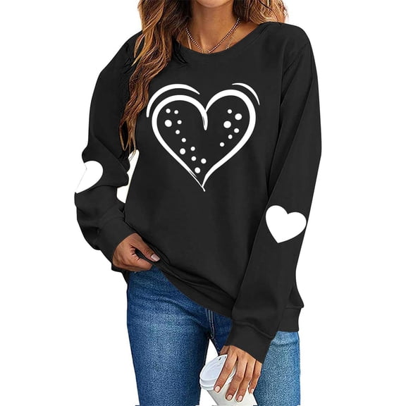 FAWUUDO Womens Casual Heart Graphics Shirt Long Sleeve Pullover Loose Crewneck Cute Love Printed Sweatshirt Tops Black L