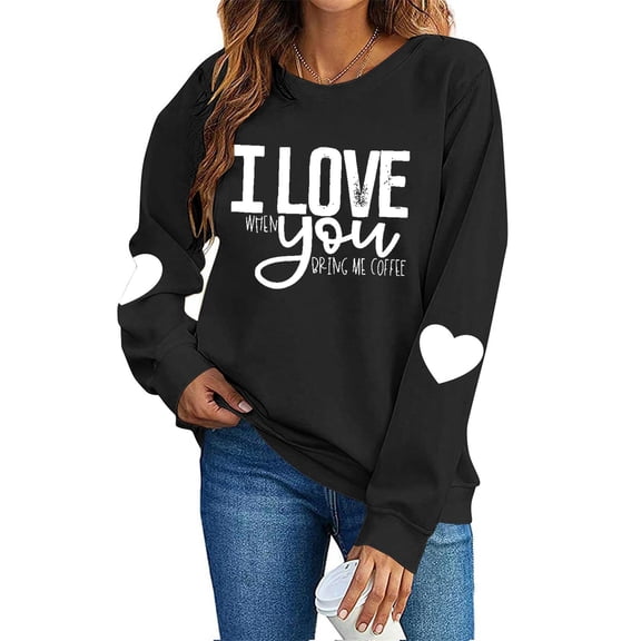 FAWUUDO Womens Casual Heart Graphics Shirt Long Sleeve Pullover Loose Crewneck Cute Love Printed Sweatshirt Tops Black M