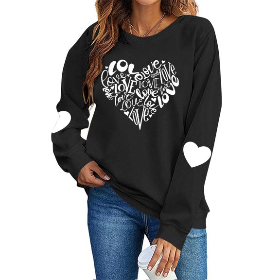 FAWUUDO Womens Casual Heart Graphics Shirt Long Sleeve Pullover Loose Crewneck Cute Love Printed Sweatshirt Tops Black M