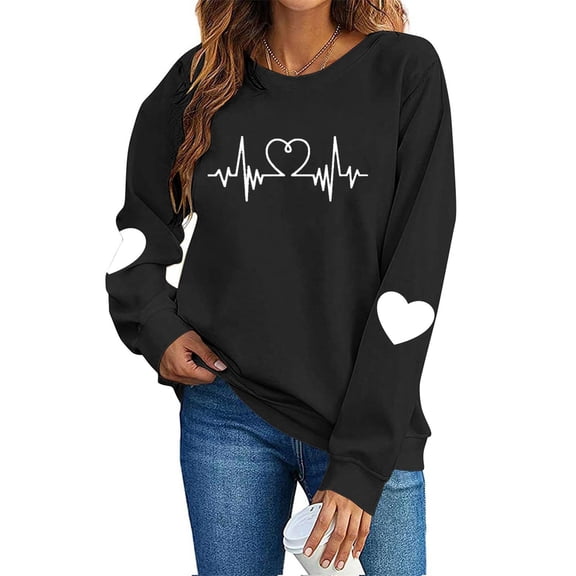 FAWUUDO Womens Casual Heart Graphics Shirt Long Sleeve Pullover Loose Crewneck Cute Love Printed Sweatshirt Tops Black M