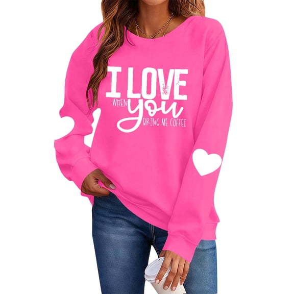 FAWUUDO Womens Casual Heart Graphics Shirt Long Sleeve Pullover Loose Crewneck Cute Love Printed Sweatshirt Tops Hot Pink XS