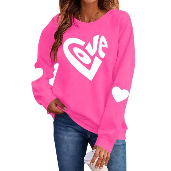 FAWUUDO Womens Casual Heart Graphics Shirt Long Sleeve Pullover Loose Crewneck Cute Love Printed Sweatshirt Tops Hot Pink XS