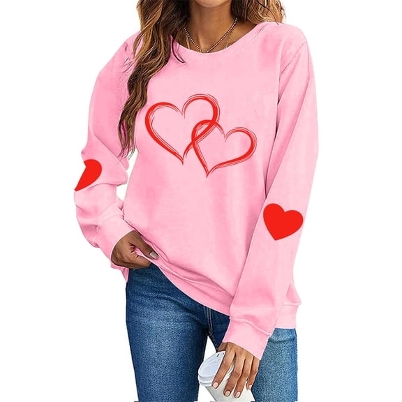 FAWUUDO Womens Casual Heart Graphics Shirt Long Sleeve Pullover Loose Crewneck Cute Love Printed Sweatshirt Tops Pink M