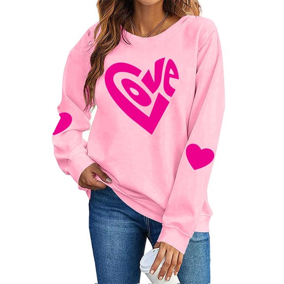 FAWUUDO Womens Casual Heart Graphics Shirt Long Sleeve Pullover Loose Crewneck Cute Love Printed Sweatshirt Tops Pink M
