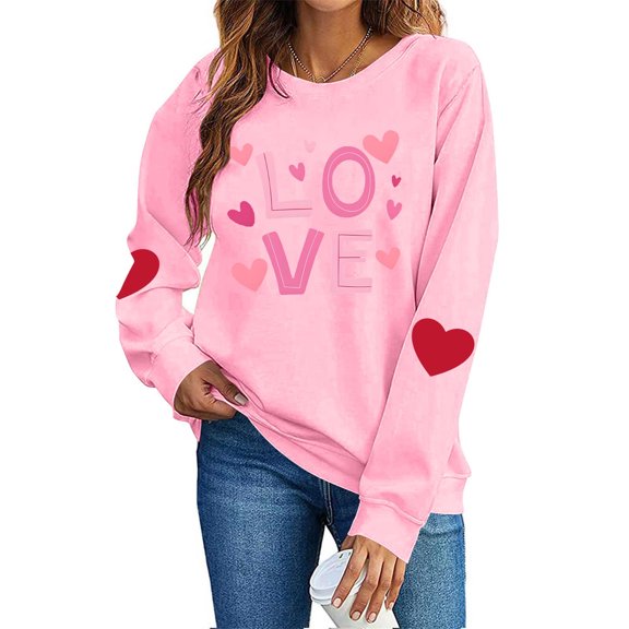 FAWUUDO Womens Casual Heart Graphics Shirt Long Sleeve Pullover Loose Crewneck Cute Love Printed Sweatshirt Tops Pink M