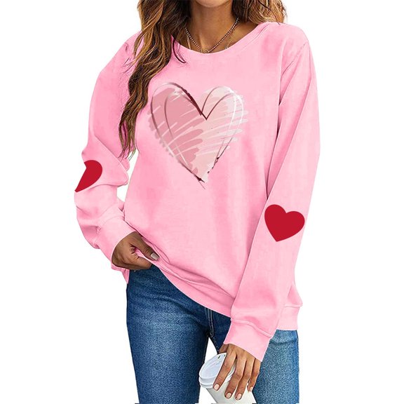 FAWUUDO Womens Casual Heart Graphics Shirt Long Sleeve Pullover Loose Crewneck Cute Love Printed Sweatshirt Tops Pink M