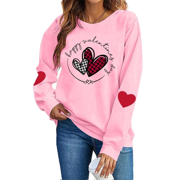 FAWUUDO Womens Casual Heart Graphics Shirt Long Sleeve Pullover Loose Crewneck Cute Love Printed Sweatshirt Tops Pink XS
