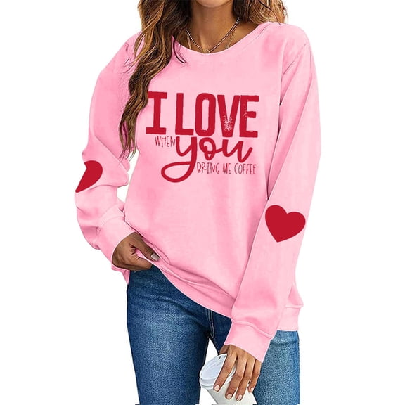FAWUUDO Womens Casual Heart Graphics Shirt Long Sleeve Pullover Loose Crewneck Cute Love Printed Sweatshirt Tops Pink XS