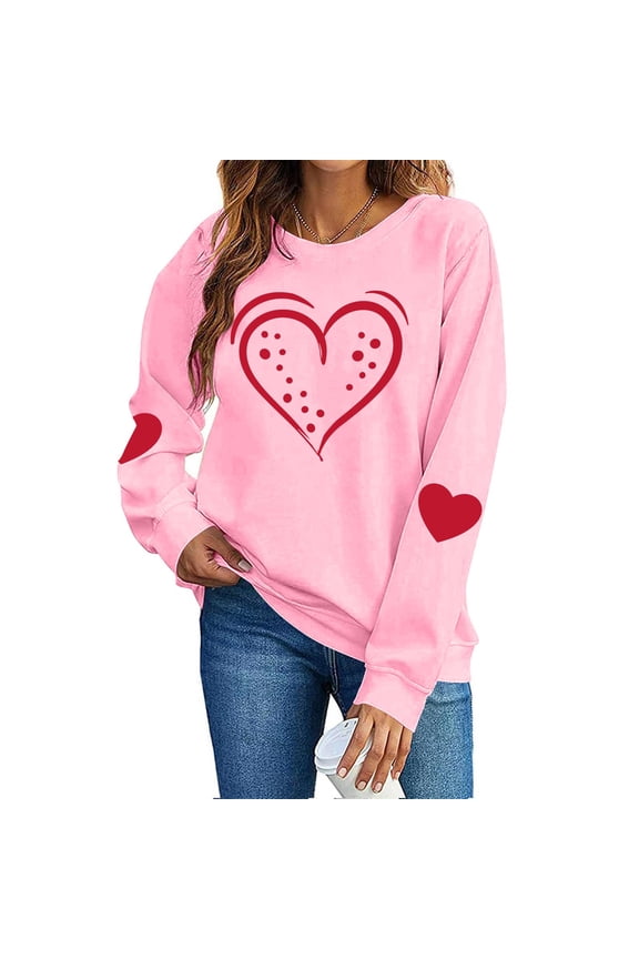 Womens Casual Heart Graphics Shirt Long Sleeve Pullover Loose Crewneck Cute Love Printed Sweatshirt Tops Pink XS