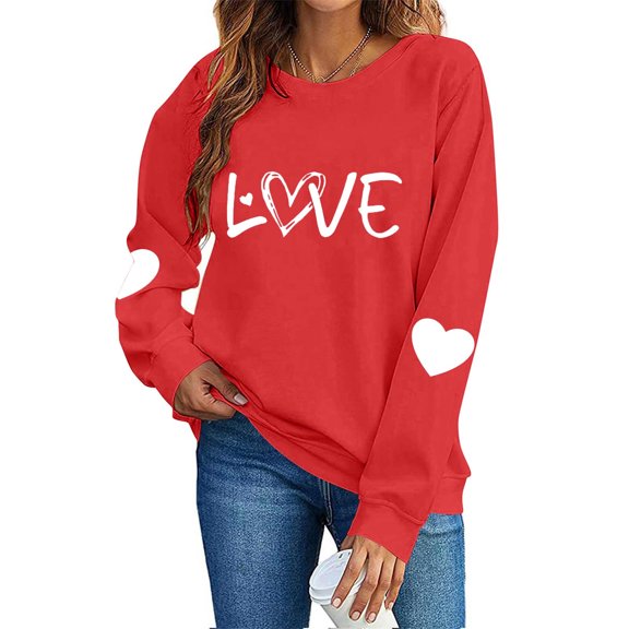 FAWUUDO Womens Casual Heart Graphics Shirt Long Sleeve Pullover Loose Crewneck Cute Love Printed Sweatshirt Tops Red M
