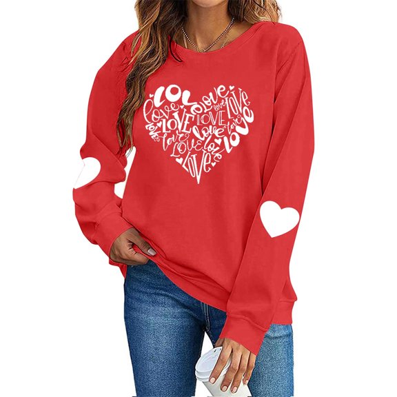 FAWUUDO Womens Casual Heart Graphics Shirt Long Sleeve Pullover Loose Crewneck Cute Love Printed Sweatshirt Tops Red M
