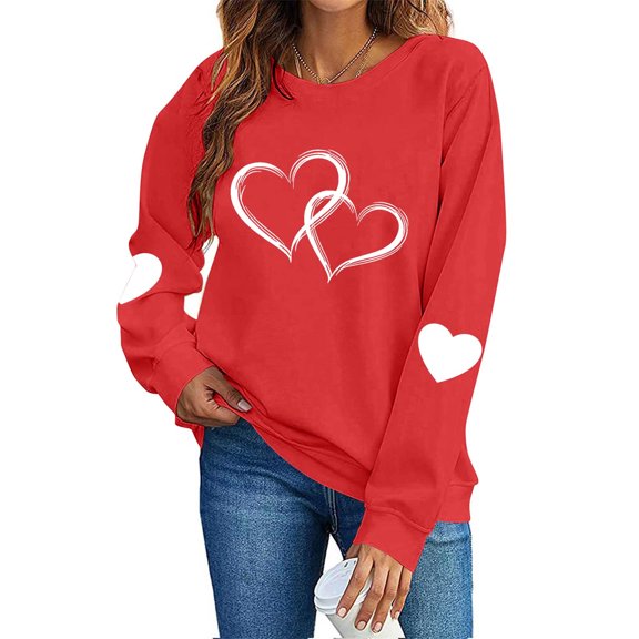 FAWUUDO Womens Casual Heart Graphics Shirt Long Sleeve Pullover Loose Crewneck Cute Love Printed Sweatshirt Tops Red M