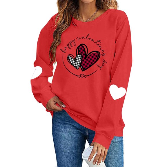 FAWUUDO Womens Casual Heart Graphics Shirt Long Sleeve Pullover Loose Crewneck Cute Love Printed Sweatshirt Tops Red XS