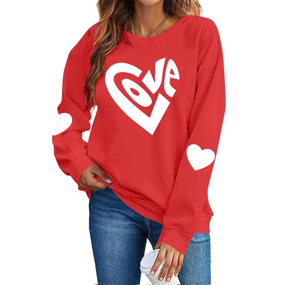FAWUUDO Womens Casual Heart Graphics Shirt Long Sleeve Pullover Loose Crewneck Cute Love Printed Sweatshirt Tops Red XS