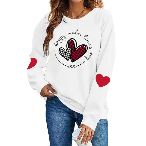 FAWUUDO Womens Casual Heart Graphics Shirt Long Sleeve Pullover Loose Crewneck Cute Love Printed Sweatshirt Tops White XS